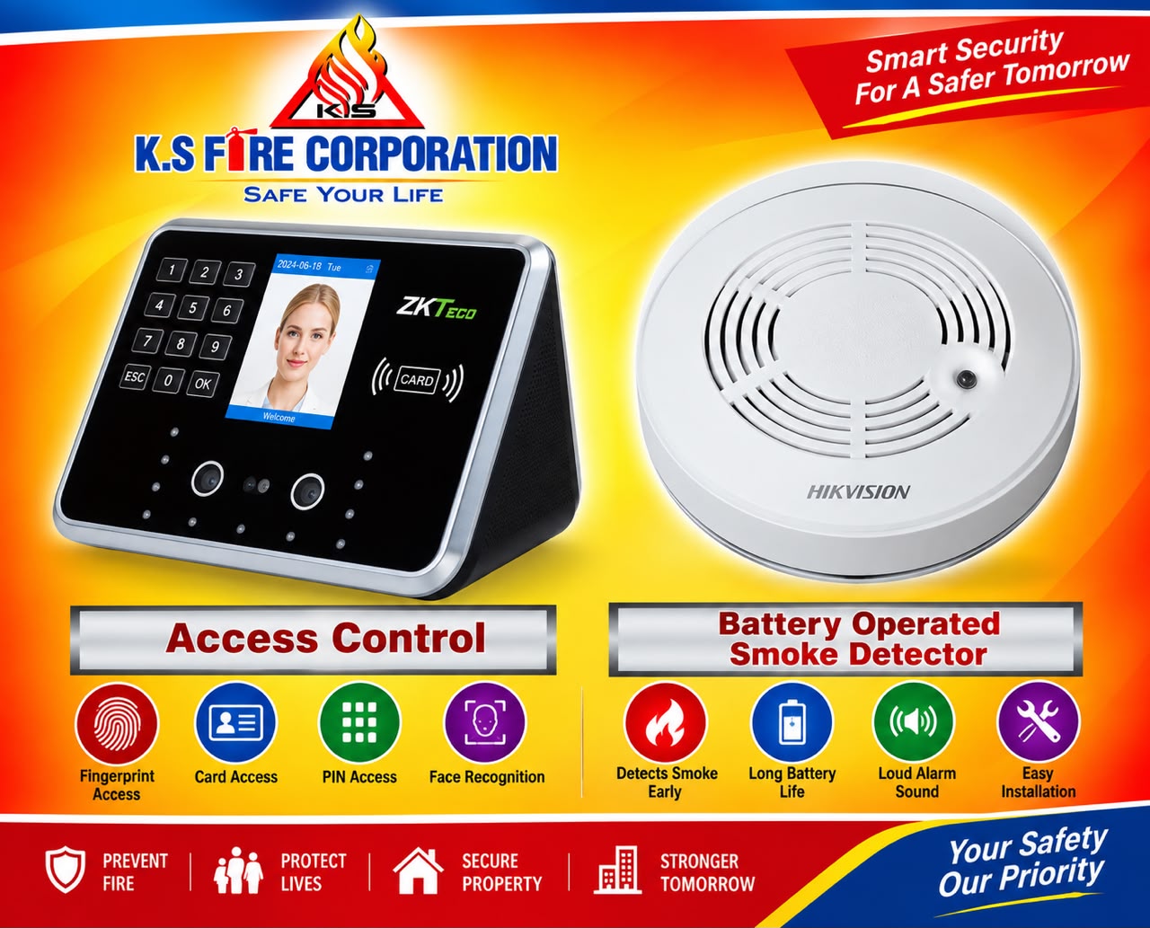 Access control terminal and battery-operated smoke detector from the business catalogue