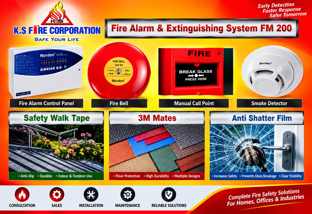 Fire alarm panel, alarm bell, manual call point and detector in the supplied catalogue