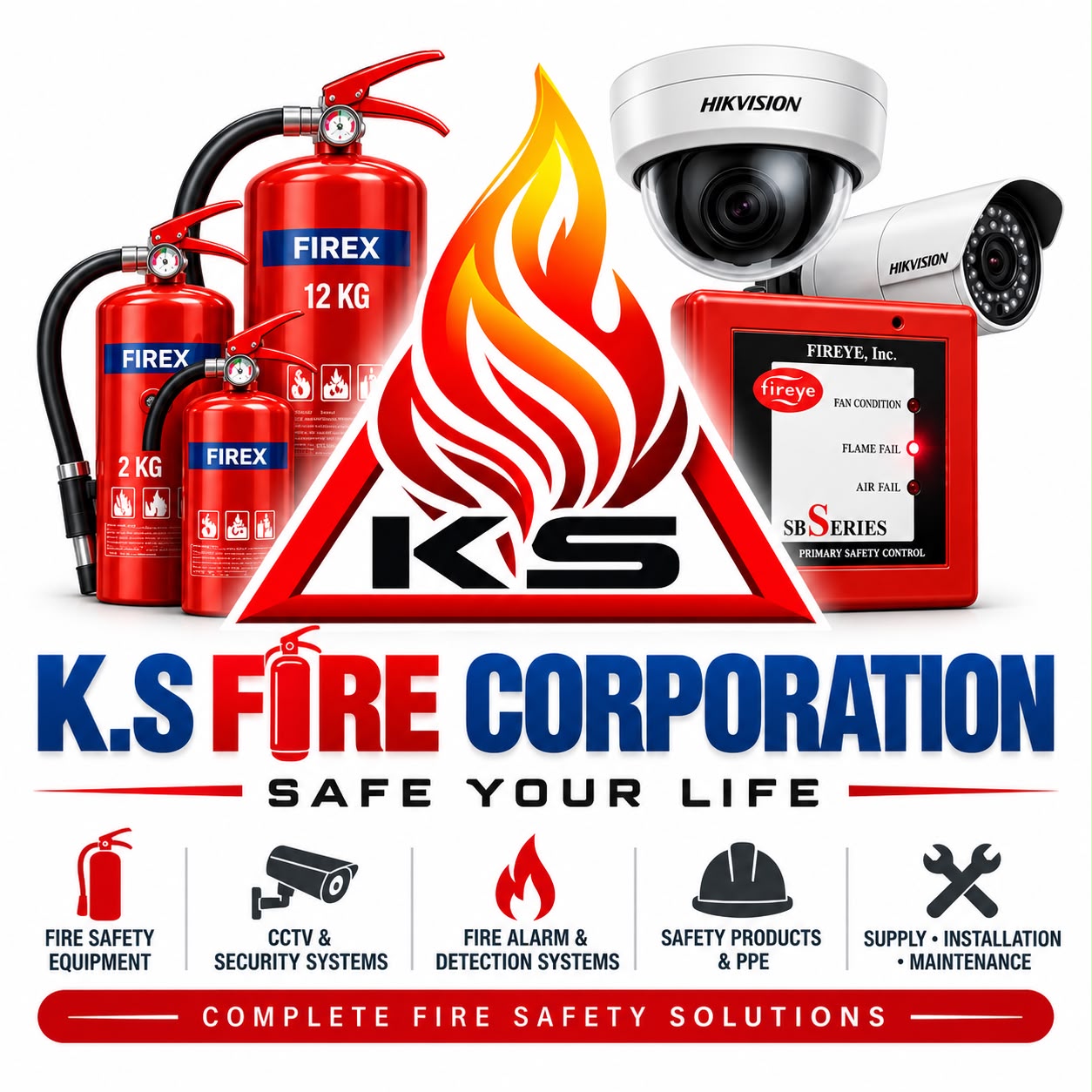K.S Fire Corporation branding with fire extinguishers, CCTV cameras and safety control equipment